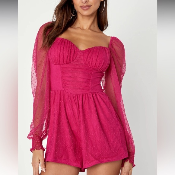 Lulus Pants - NWOT LULUS Magenta Pink Flirty Fashionista Mesh Bustier Long Sleeve Romper